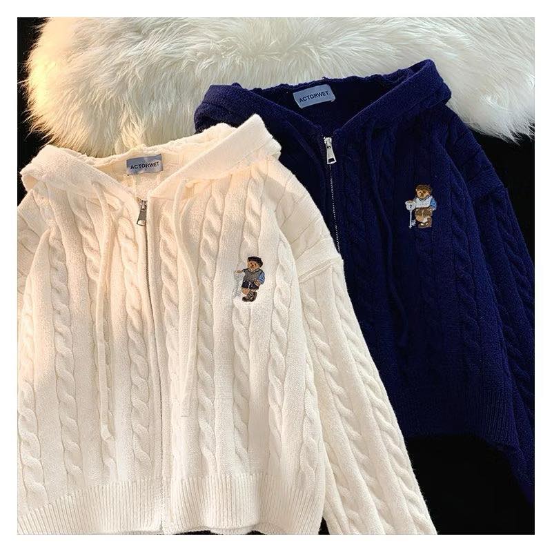 韓國小熊連帽麻花開衫毛衣(加厚款)