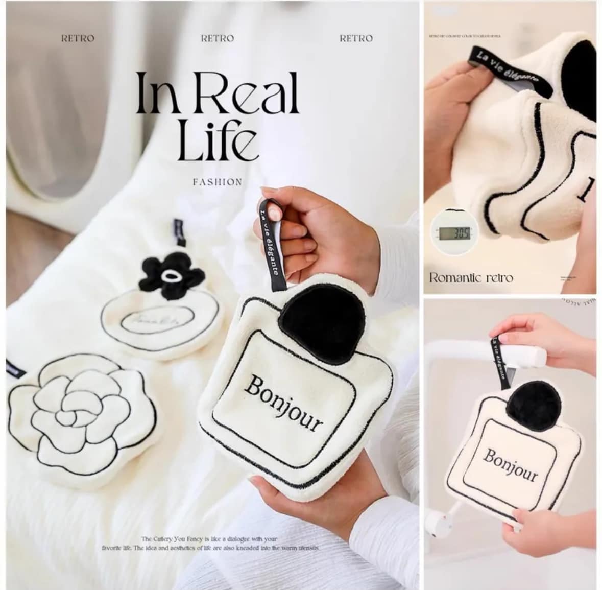 法式小香風珊瑚絨浪漫三入掛式擦手巾組