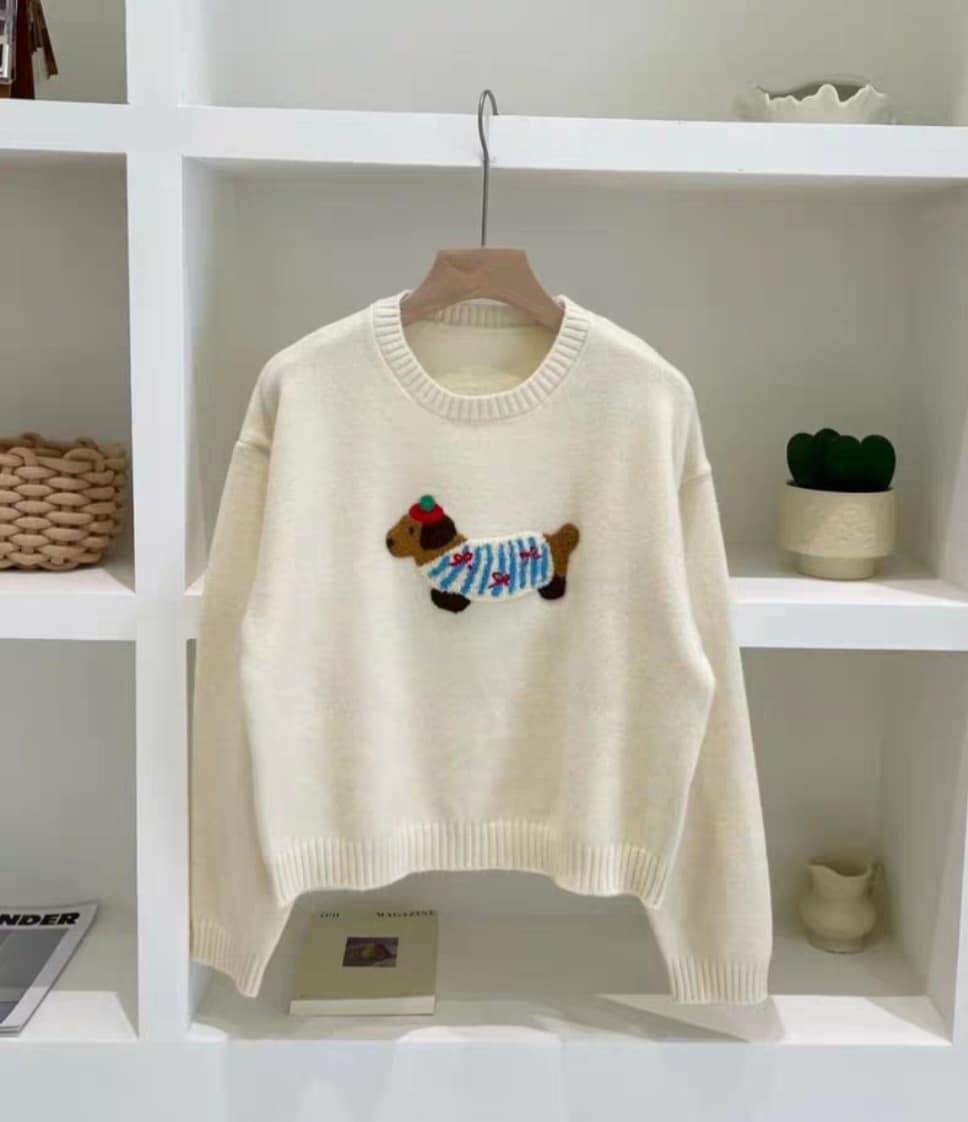 韓國臘腸狗卡通立體刺繡毛衣