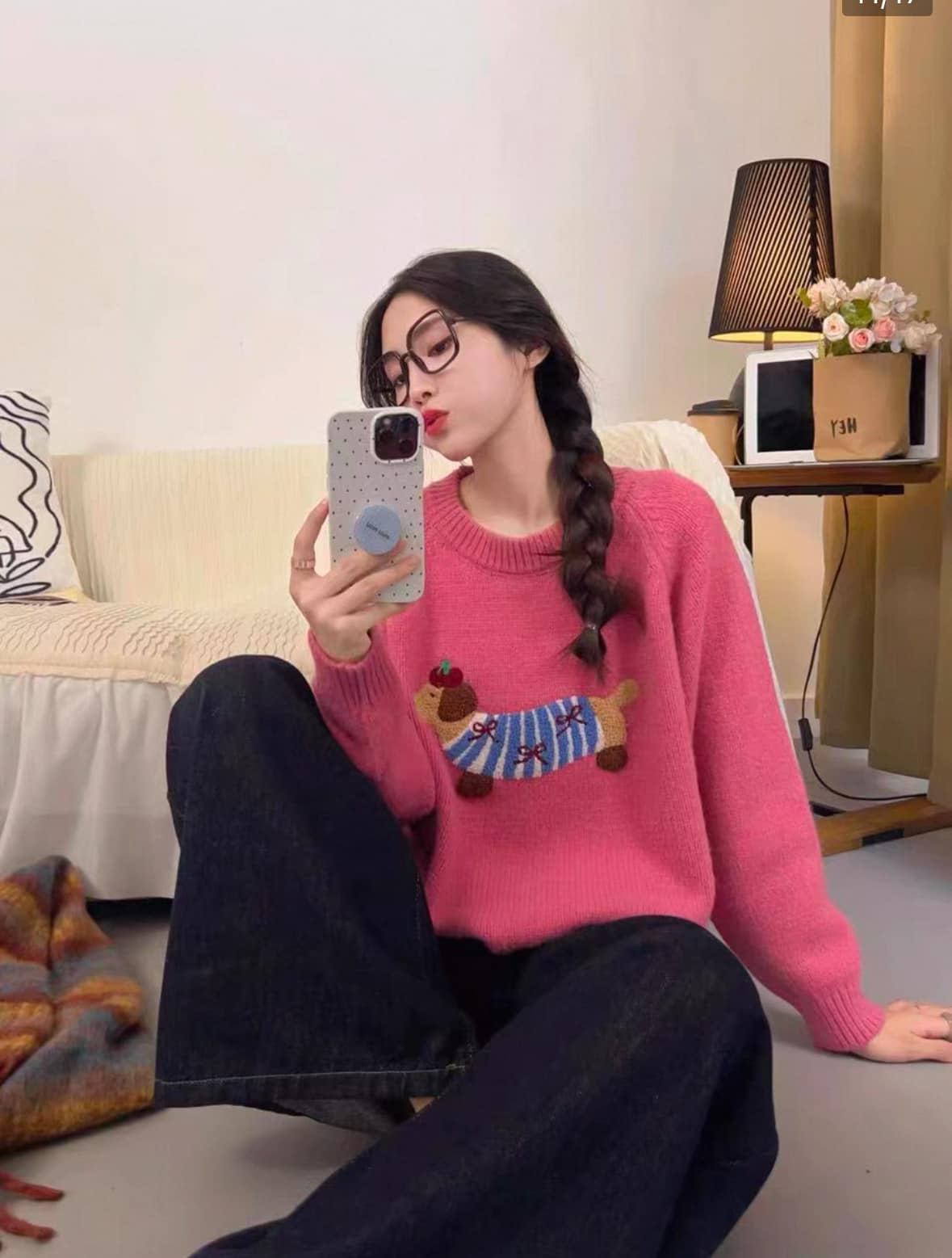 韓國臘腸狗卡通立體刺繡毛衣