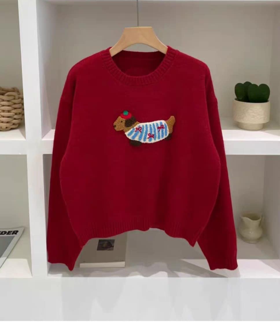 韓國臘腸狗卡通立體刺繡毛衣