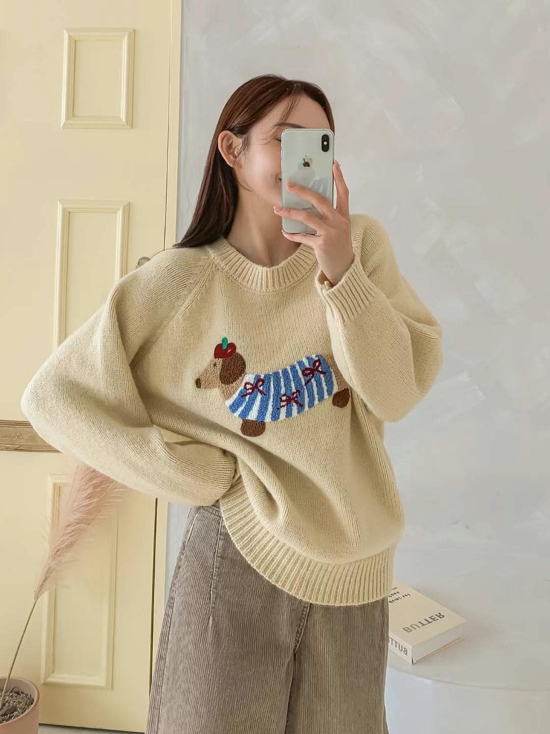 韓國臘腸狗卡通立體刺繡毛衣