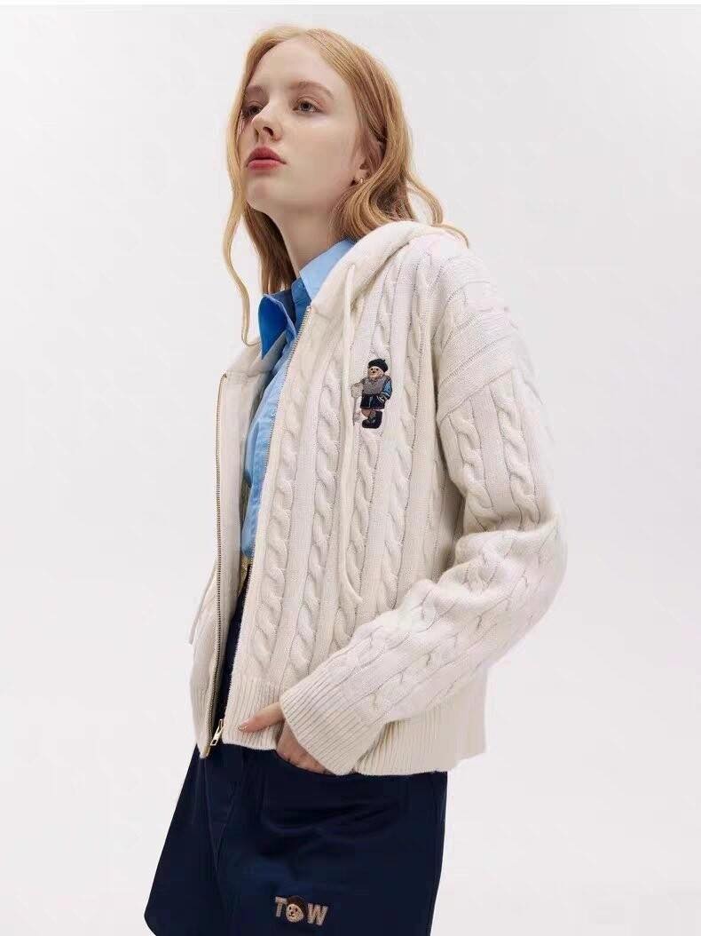 韓國小熊連帽麻花開衫毛衣（加厚款）