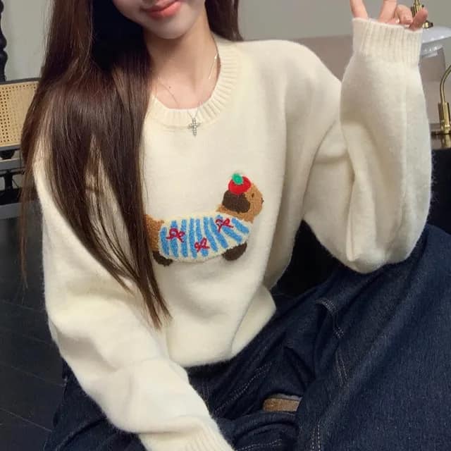 韓國臘腸狗卡通立體刺繡毛衣