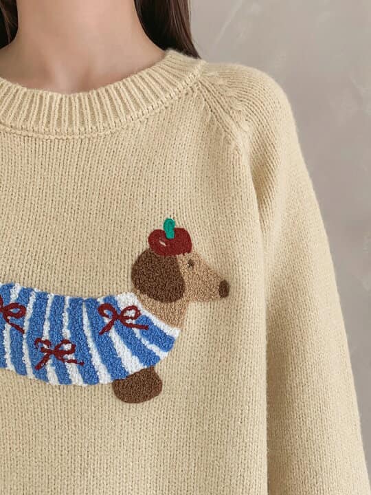 韓國臘腸狗卡通立體刺繡毛衣