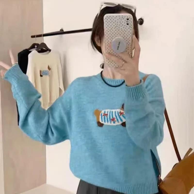 韓國臘腸狗卡通立體刺繡毛衣