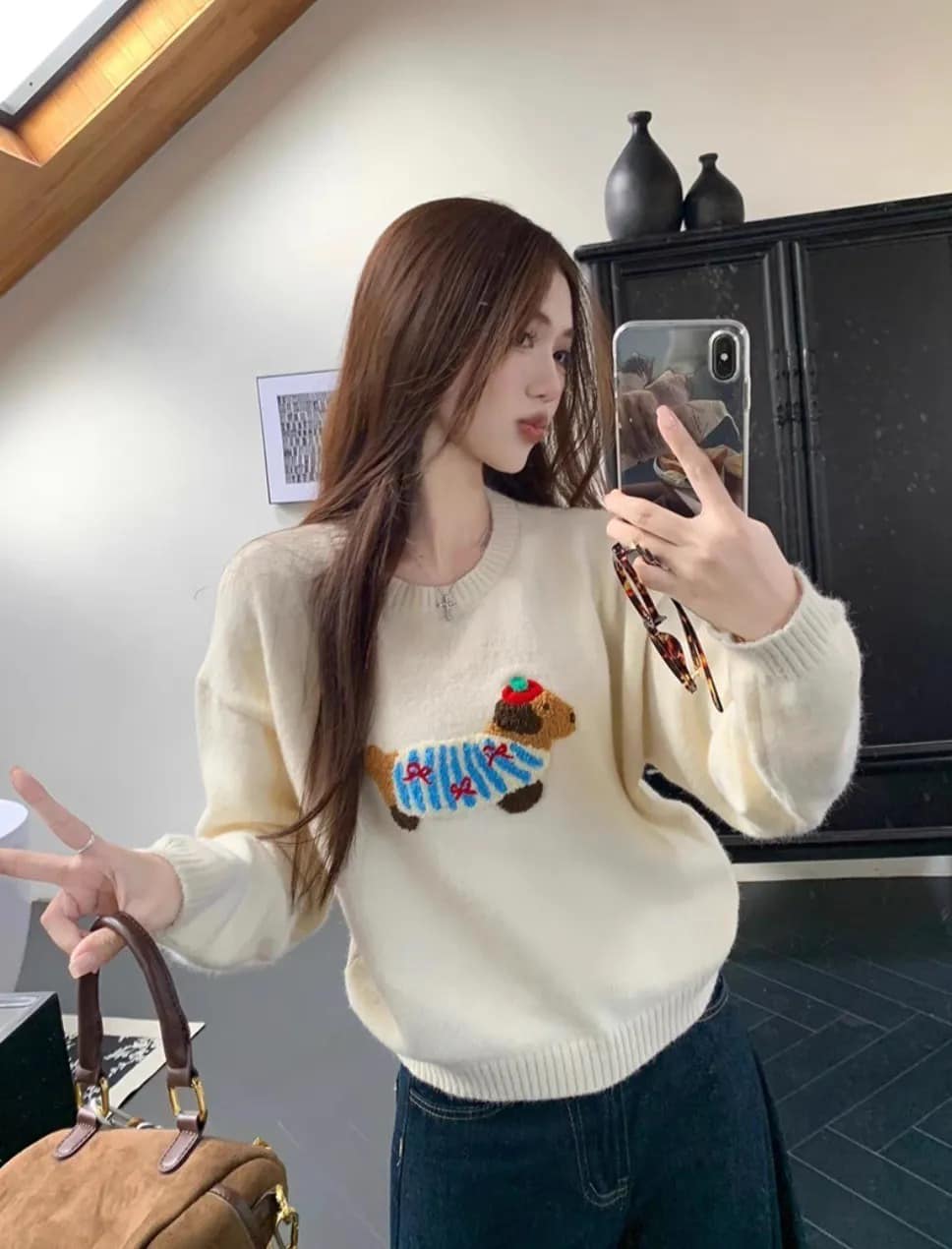 韓國臘腸狗卡通立體刺繡毛衣