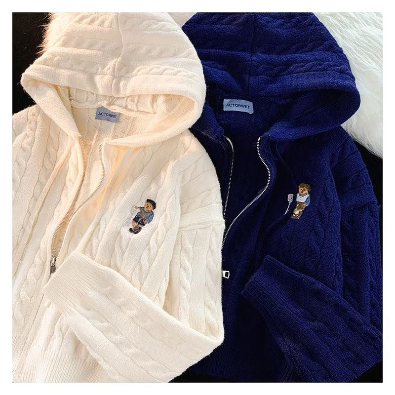 韓國小熊連帽麻花開衫毛衣（加厚款）