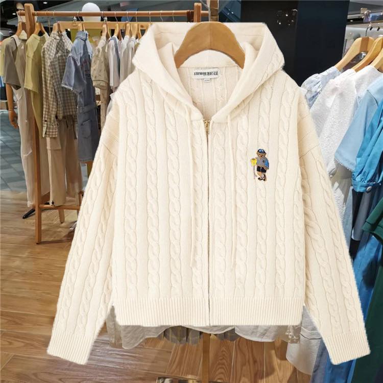 韓國小熊連帽麻花開衫毛衣（加厚款）