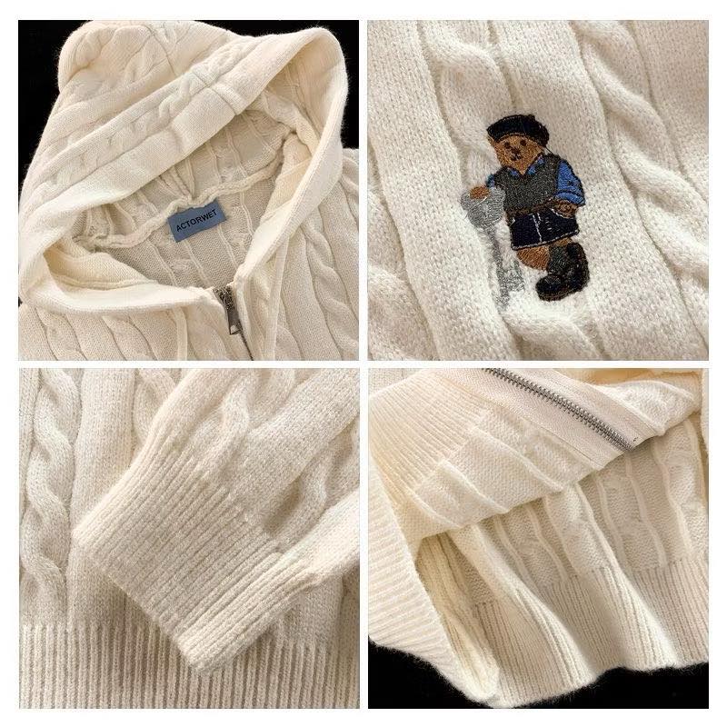 韓國小熊連帽麻花開衫毛衣（加厚款）