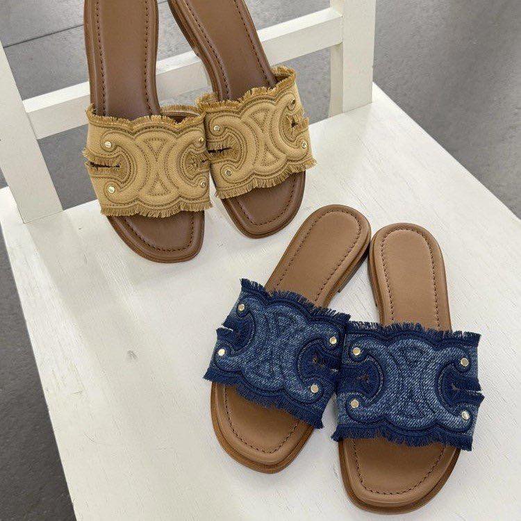 韓國賽琳同款春夏凱旋門牛仔復古拖鞋