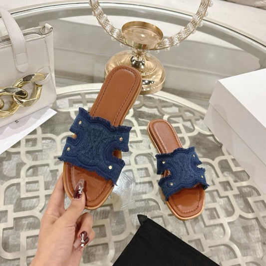 韓國賽琳同款春夏凱旋門牛仔復古拖鞋