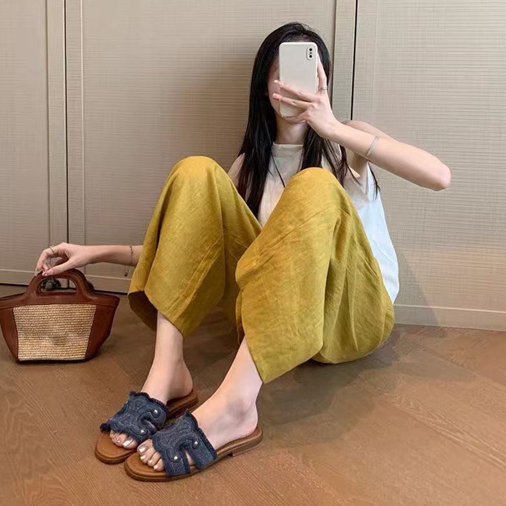 韓國賽琳同款春夏凱旋門牛仔復古拖鞋