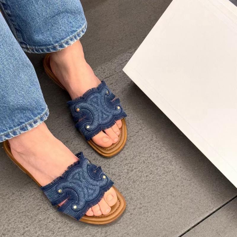 韓國賽琳同款春夏凱旋門牛仔復古拖鞋