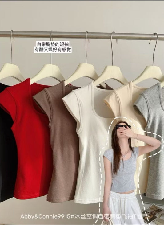 冰絲空調自帶胸墊飛袖T恤