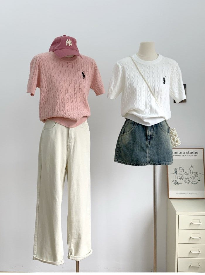 麻花針織短袖小馬刺繡上衣