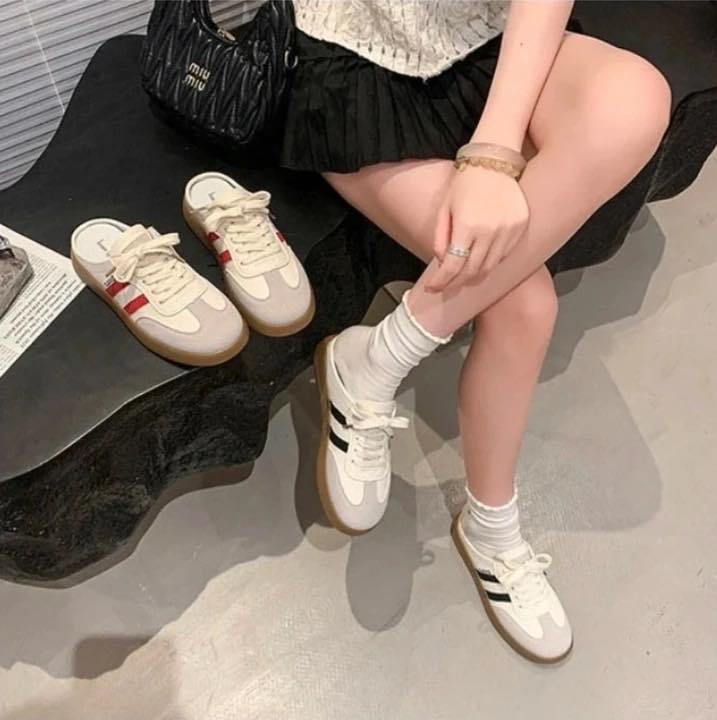 韓系復古三條線麂皮半拖鞋