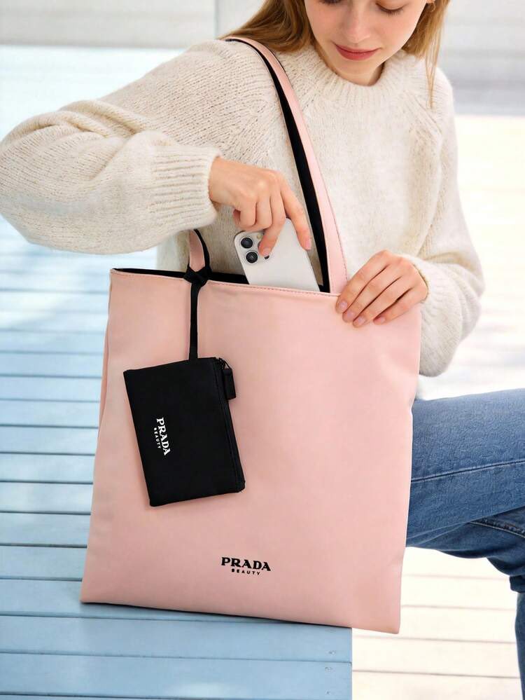 P RADA Beauty 粉黑雙面托特袋