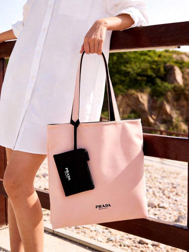 P RADA Beauty 粉黑雙面托特袋