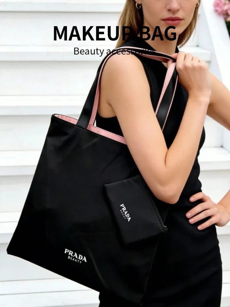 P RADA Beauty 粉黑雙面托特袋