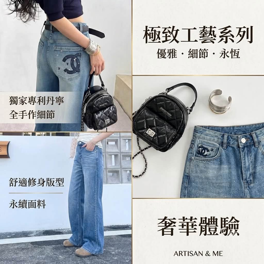 小香風燙鑽刺繡高腰直筒牛仔褲
