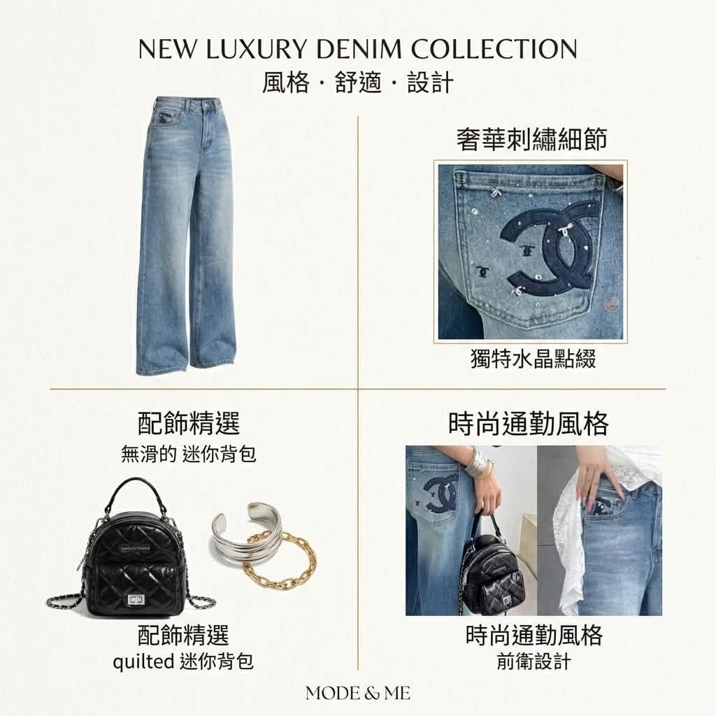 小香風燙鑽刺繡高腰直筒牛仔褲