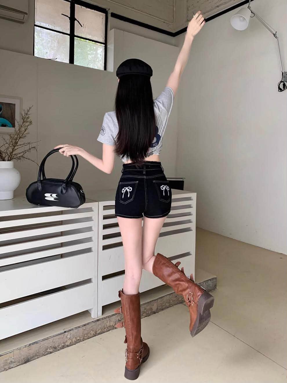 後口袋蝴蝶結高腰牛仔短褲